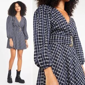 TANYA TAYLOR Nicola Mini Dress Navy White Check Puff Sleeve Fit & Flare Belt NEW